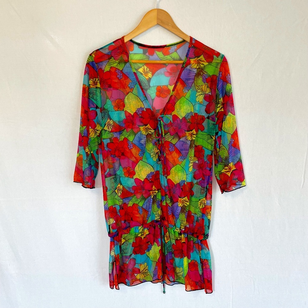 BANANA MOON Size XL Swim Cover Up Floral Semi-Sheer Drawstring Drop Waist